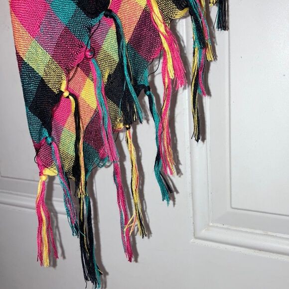 Scarf Shawl Wrap Coverup Sarong Rainbow Checkered with Fringe 39 Square Inches - Picture 6 of 9
